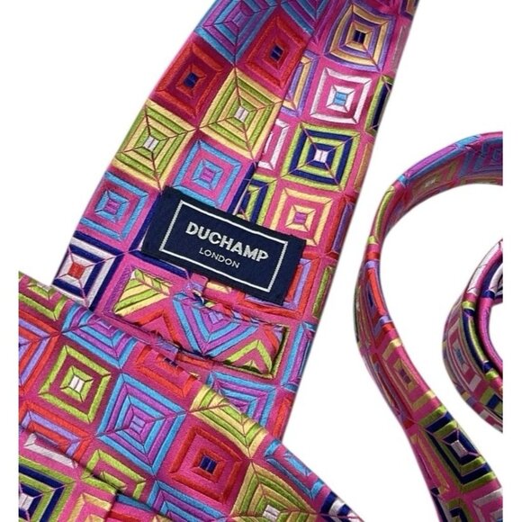 DUCHAMP Men's 100% Silk Necktie LUXURY Tie Pink Purple Geometric W:3.7" EUC - Picture 2 of 5